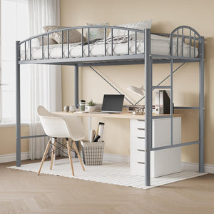 Twin Size Metal Loft Bed with Staircase & Arched Guardrail