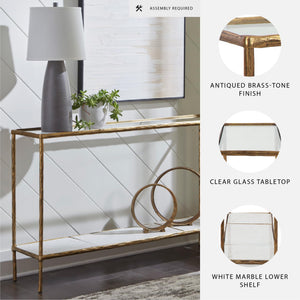 Console Sofa Table with Glass Top & White Marble Shelf