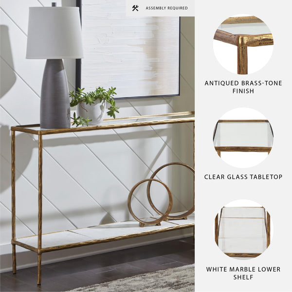 Console Sofa Table with Glass Top & White Marble Shelf