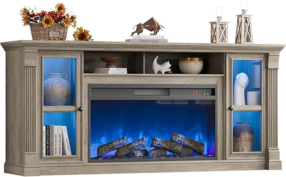 70" Farmhouse TV Stand with 36" Electric Fireplace & LED Lights