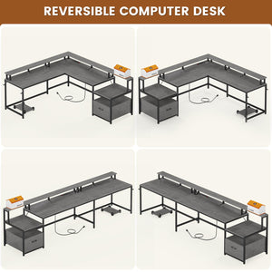 L-Shaped Corner Desk with File Drawer, LED Lights & Monitor Shelf