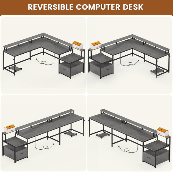 L-Shaped Corner Desk with File Drawer, LED Lights & Monitor Shelf