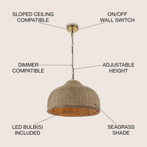 Rattan & Iron Dome Pendant Light – Adjustable Height, LED Included