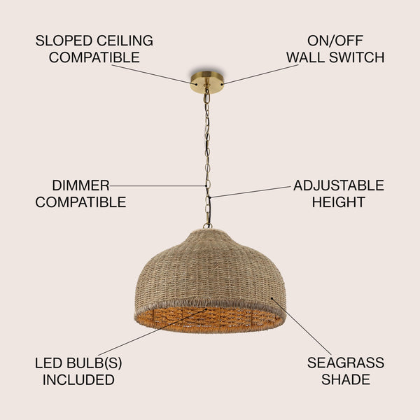 Rattan & Iron Dome Pendant Light – Adjustable Height, LED Included