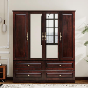 4-Door Solid Wood Armoire Wardrobe with Drawers & Hanging Rods