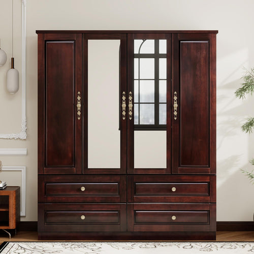 4-Door Solid Wood Armoire Wardrobe with Drawers & Hanging Rods