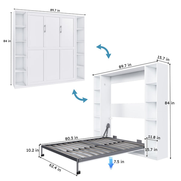 Queen Murphy Bed with Storage Cabinet – White