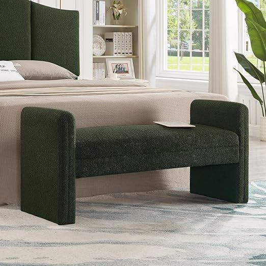 Upholstered Boucle Teddy Bench with Armrests