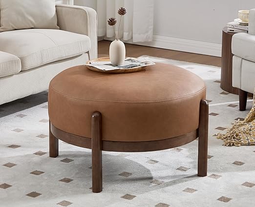 29" Round Ottoman Upholstered Footstool with Wooden Legs