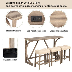 4-Piece Bar Table Set with USB Port & Upholstered Stools