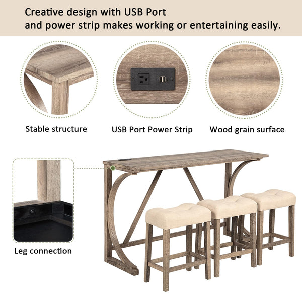 4-Piece Bar Table Set with USB Port & Upholstered Stools