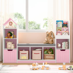 Kids Bookcase with Reading Nook – 7 Cubbies, 2 Drawers & Seat Cushion