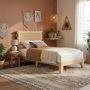 Rattan Platform Bed Frame with LED Lights & Storage