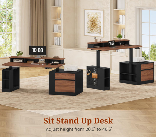 Electric Standing Desk with Storage, Monitor Stand, Power Outlets & LED Lights
