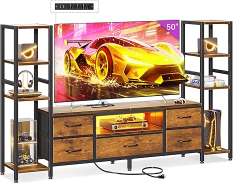 TV Stand with LED Lights, Power Outlets & 5 Fabric Drawers – 71" & 87"