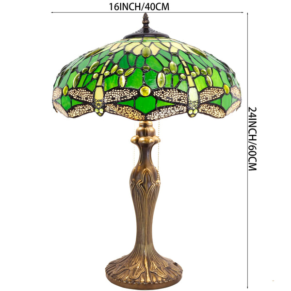 Tiffany Style Stained Glass Table Lamp – Green Dragonfly, 16x16x24 Inch