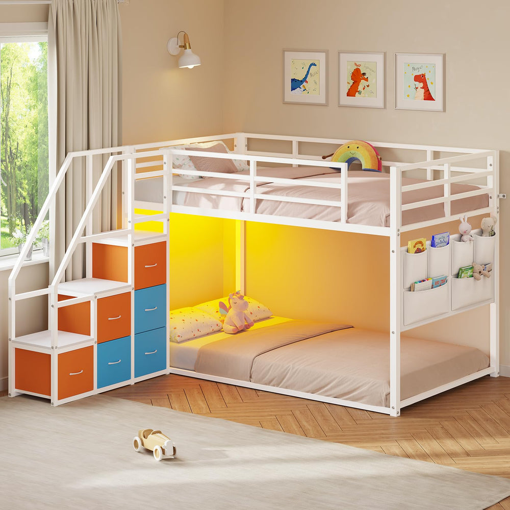 Twin Over Twin Low Bunk Bed with Storage Drawers and LED Lights