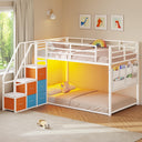 Twin Over Twin Low Bunk Bed with Storage Drawers and LED Lights