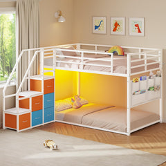 Twin Over Twin Low Bunk Bed with Storage Drawers and LED Lights