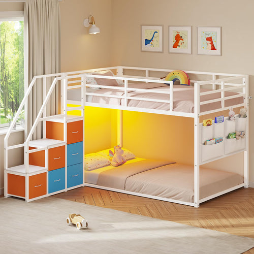Twin Over Twin Low Bunk Bed with Storage Drawers and LED Lights