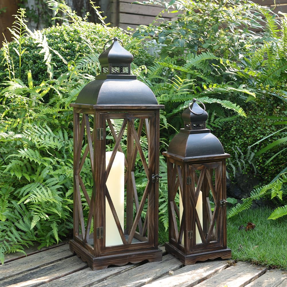 Large Farmhouse Wooden Metal Lantern Set of 2 - Rustic Indoor Outdoor Hanging Candle Lanterns