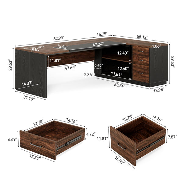 L-Shaped Executive Desk with File Cabinet and Drawers – 78.7 Inch Home Office Workstation