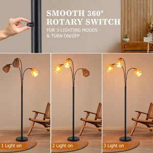 Arc Floor Lamp with Rattan Shades & Rotatable Arms