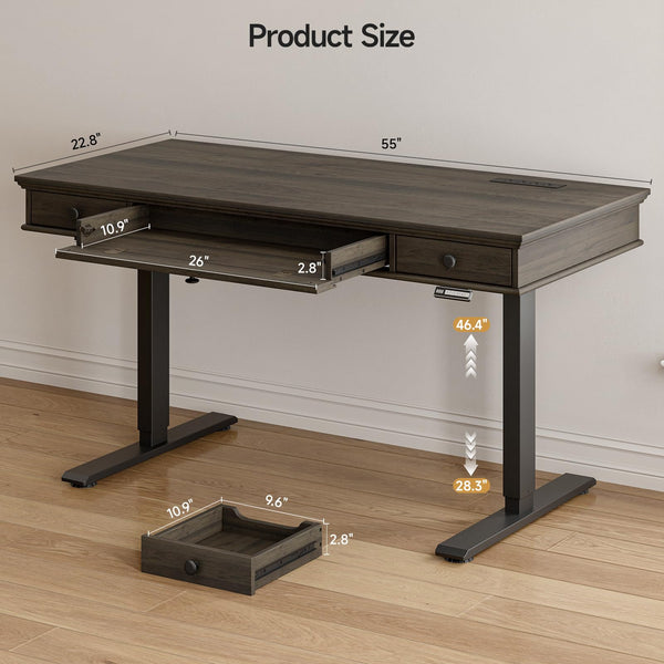 Electric Height Adjustable Standing Desk with Drawers & Outlets, 55" x 23"