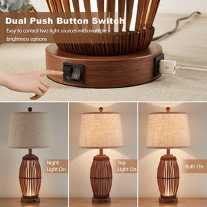 Bamboo Woven Table Lamp Set of 2 with Nightlight & USB Ports