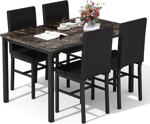 Dining Table Set for 4 with Faux Marble Top & Leather Chairs