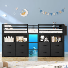 Twin Kids Loft Bed with Storage Drawers, Bookcase & LED Lights