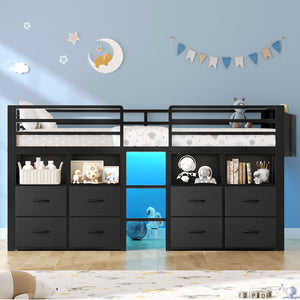 Twin Kids Loft Bed with Storage Drawers, Bookcase & LED Lights