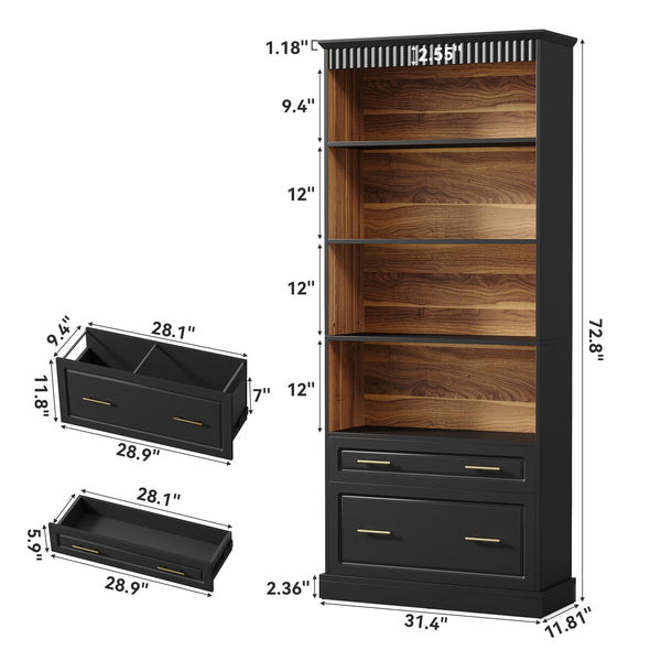 72-Inch Tall Narrow Bookshelf with 2 Drawers, 5-Tier Floor Standing Bookcase