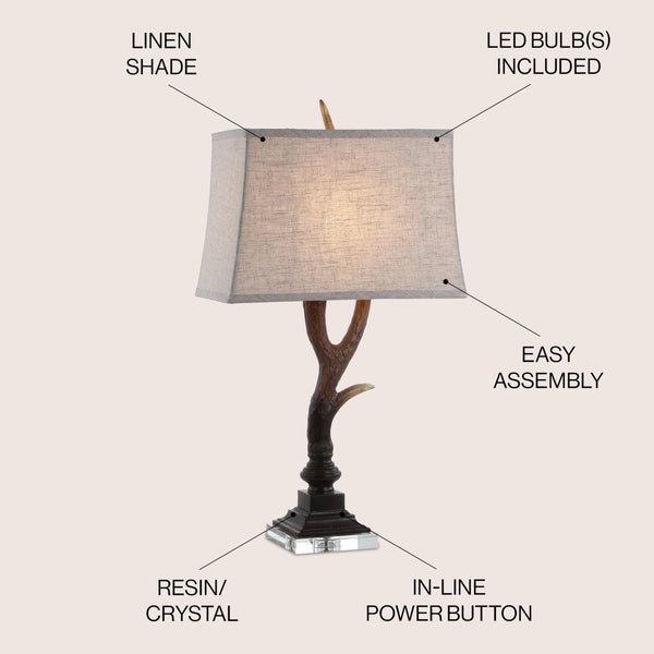 Antler Rustic Table Lamp – Brown, Crystal Base, Linen Shade