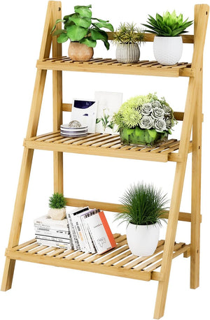 4-Tier Bamboo Ladder Bookshelf with Drawers & Hooks
