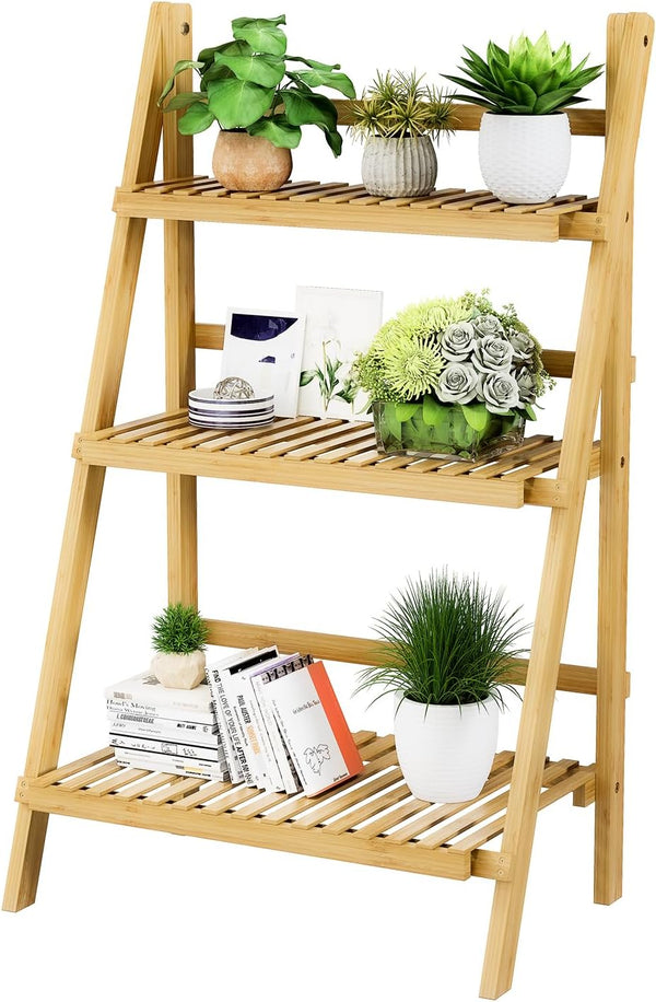 4-Tier Bamboo Ladder Bookshelf with Drawers & Hooks