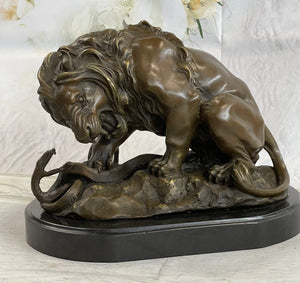 Lion and Snake Bronze Sculpture on Marble Base