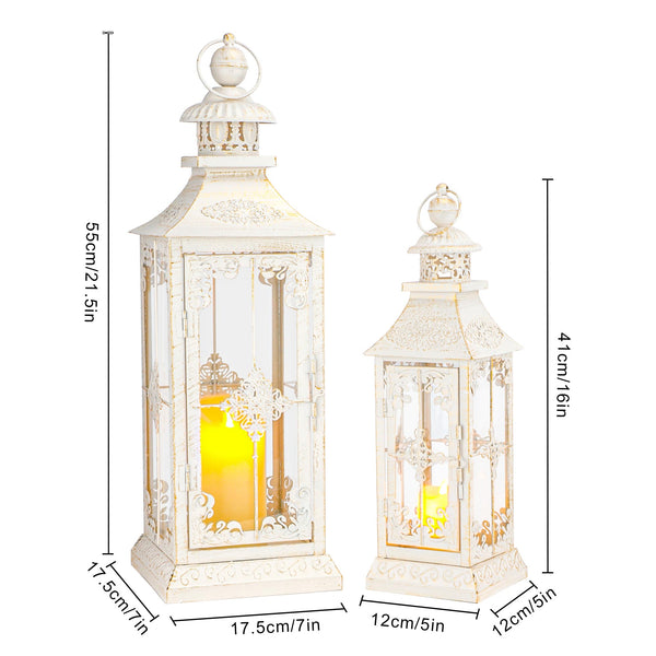 Vintage Metal Candle Lanterns Set of 2 – Indoor Outdoor Hanging Lanterns with Tempered Glass