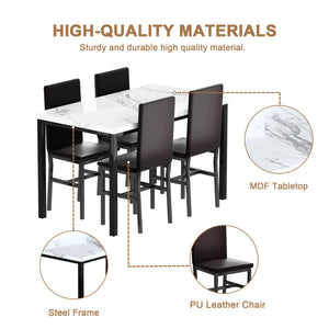 Dining Table Set for 4 with Faux Marble Top & Leather Chairs