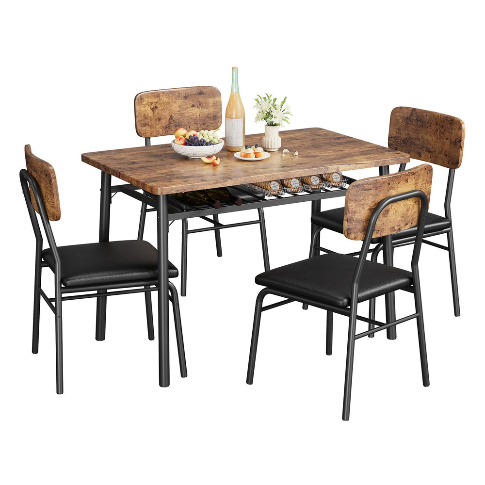 5-Piece Dining Table Set with Storage Rack & Upholstered Chairs