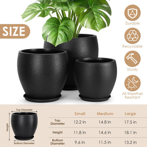 Large Plant Pots Set of 3 with Drainage Holes and Trays