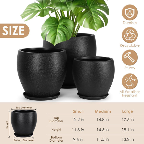 Large Plant Pots Set of 3 with Drainage Holes and Trays