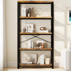5-Tier Industrial Bookshelf with Metal Frame – Rustic Brown