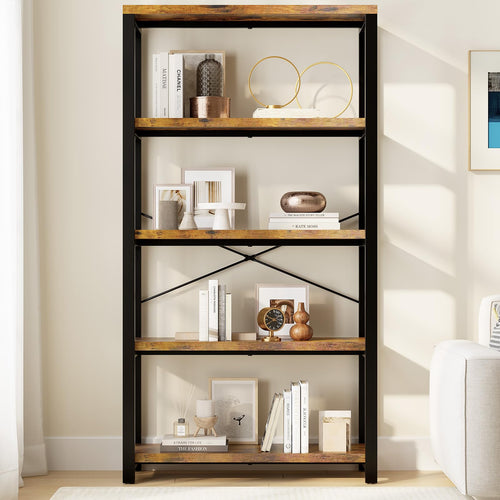 5-Tier Industrial Bookshelf with Metal Frame – Rustic Brown
