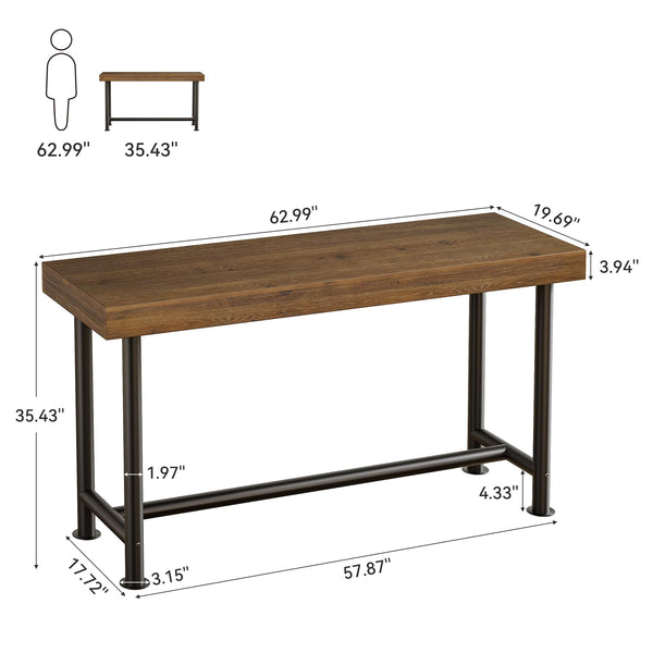 63" Solid Wood Rectangular Bar Table with Metal Legs