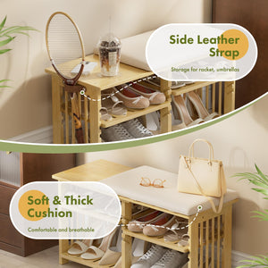 Bamboo Shoe Bench with Cushion & Storage Strap