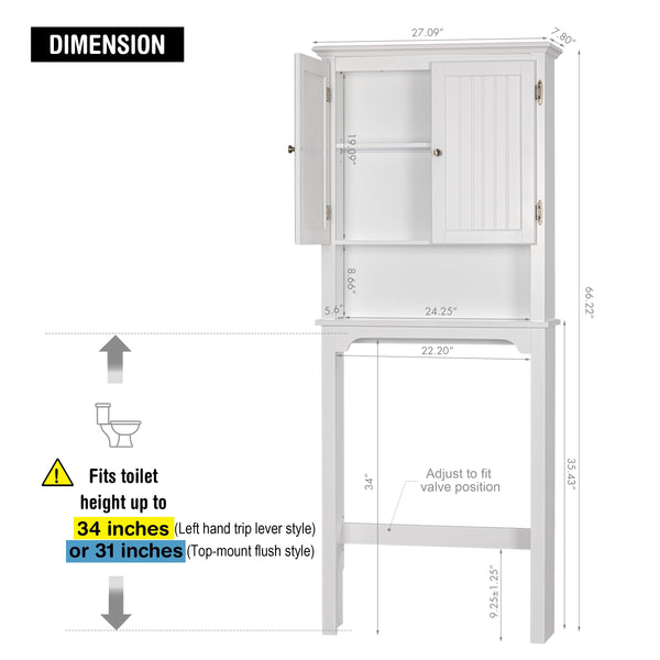 Over The Toilet Storage Cabinet with Adjustable Shelves and Double Doors