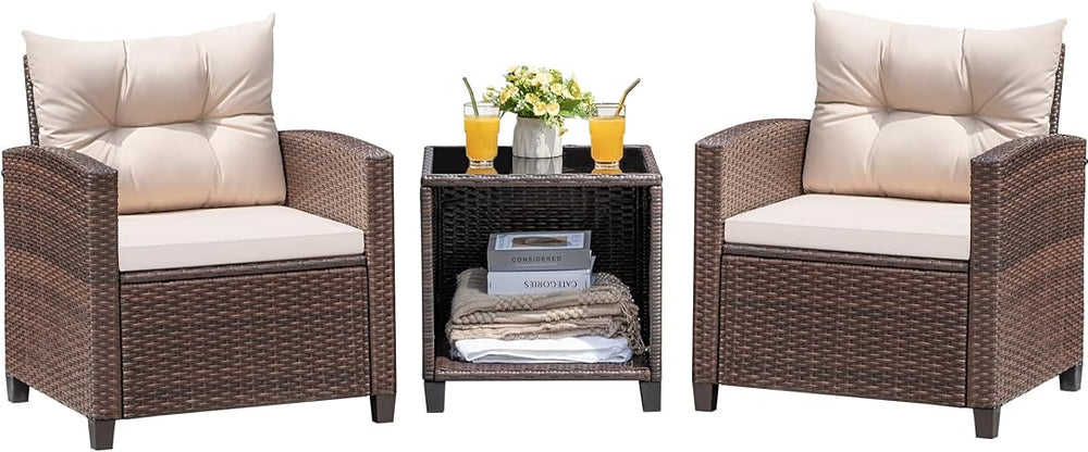 3-Piece PE Rattan Patio Furniture Set – 2 Chairs & Side Table