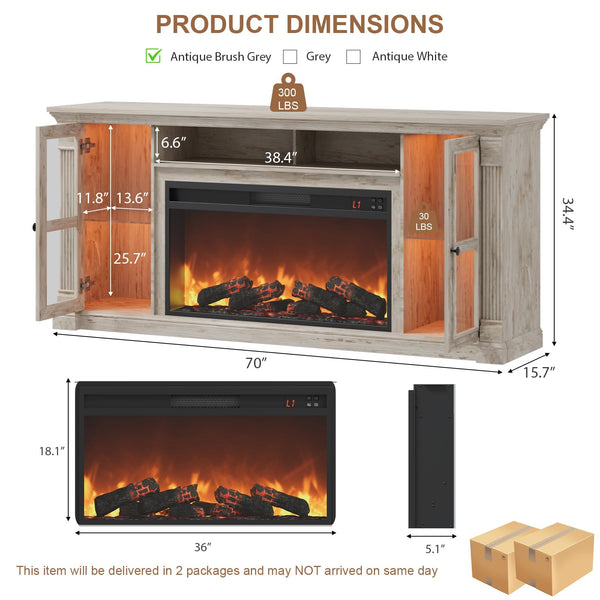 70" Farmhouse TV Stand with 36" Electric Fireplace
