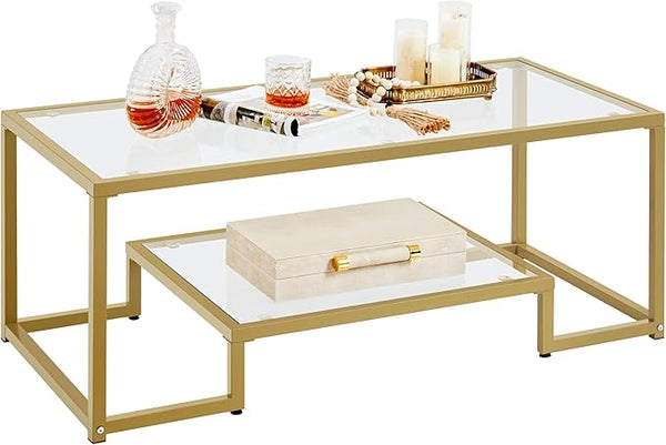 Tempered Glass Coffee Table with Open Storage Shelf